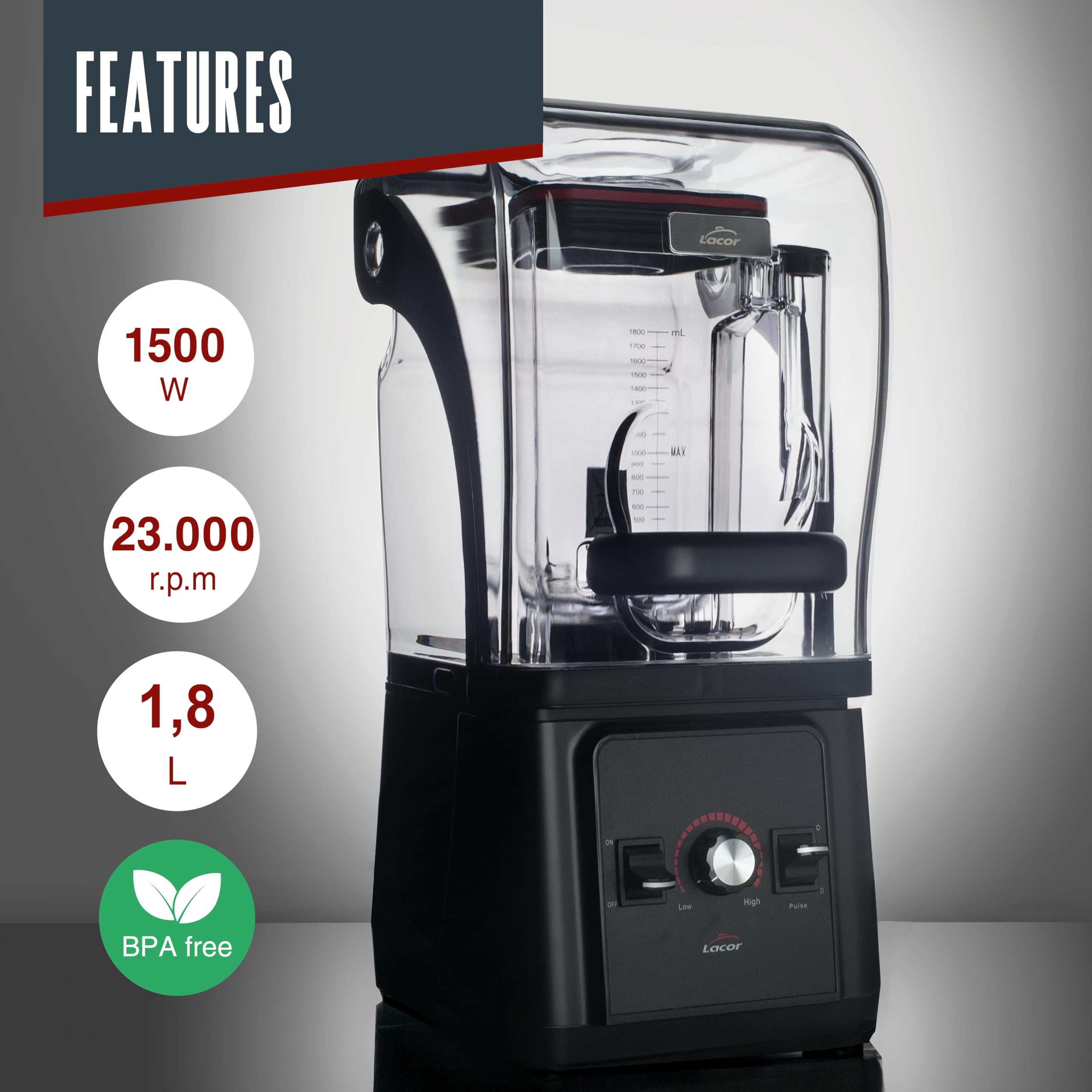 LACOR - 69495 - Blender Professionnel MuTech avec Caisson Anti-Bruit, 1500 W, 1,8 L, Tritan Sans BPA, 23.000 tr/min, Lames en Acier Inoxydable, Broyeur à Glace, Fruits Surgelés et Fruits Secs
