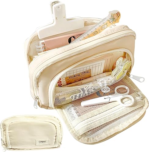 Estuche grande de tres capas con cremallera para lápices, suministros de papelería para adolescentes, niñas, niños y estudiantes (beige)