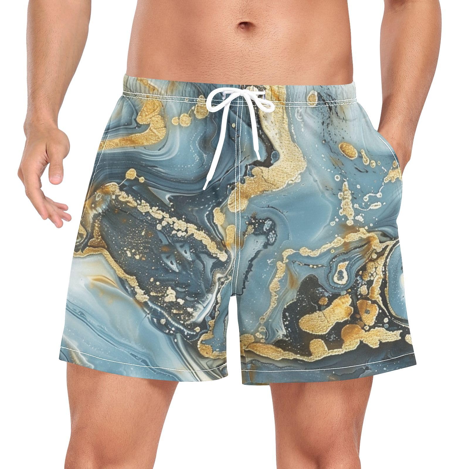 Bañador corto para hombre de mármol azul y dorado con secado rápido 8
