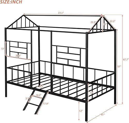Miniatura 2 de P PURLOVE Base de cama de metal con cama nido para niños, cama de plataforma en forma de casa de tamaño individual con cama nido, cama de juegos con