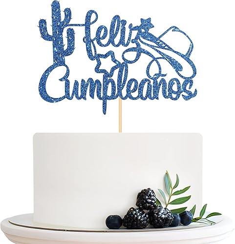 Feliz Cumpleaños - Decoración para tartas de feliz cumpleaños, temática occidental, decoración de pasteles de fiesta de cumpleaños, purpurina azul