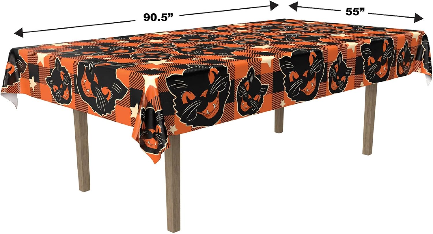 Beistle Vintage Halloween Party Tableware Bundle – Fabric Scratch Cat Tablecover, Paper Plates & 2-Ply Luncheon Napkins, Retro Orange & Black Décor, Classic Decorations for Spooky Halloween Parties