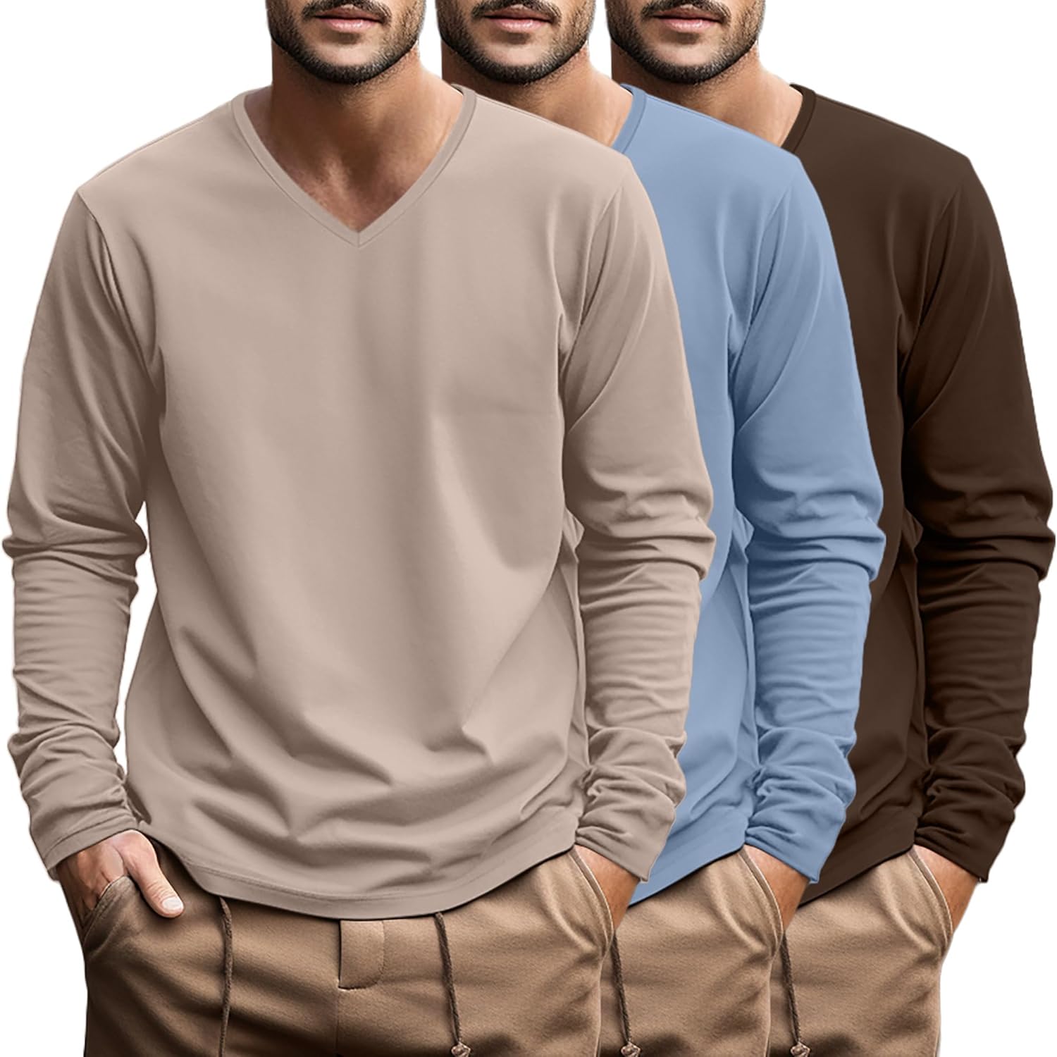 Ficerd 3 Pack Big and Tall Shirts for Men V Neck Cotton Long Sleeve Tee L-7XL Casual Loose Tops Oversized Basic T Shirts