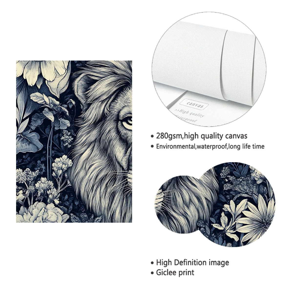 Arte mural León floral en lienzo Azul oscuro Decoración botánica 65x100cm