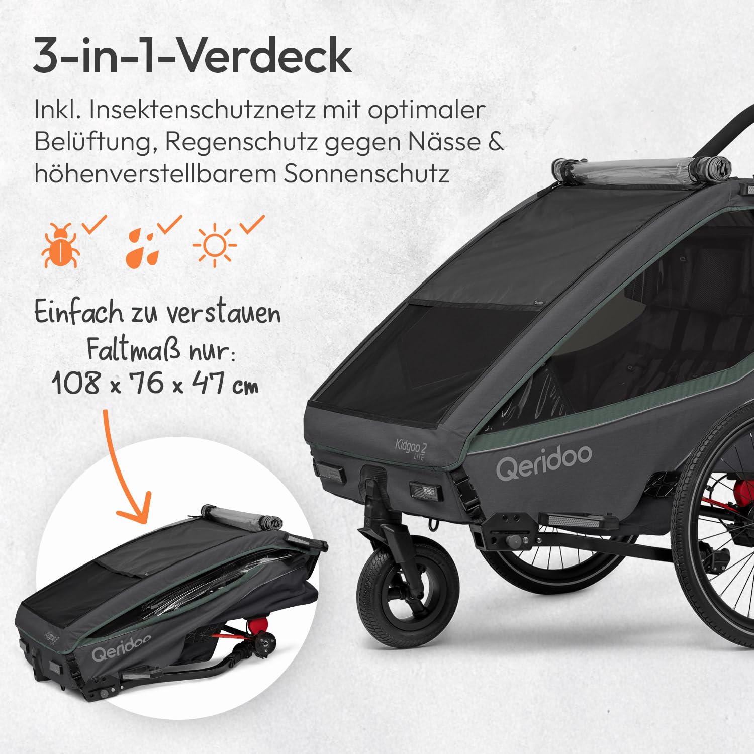 Qeridoo Kidgoo 2 Lite Fahrradanhänger 2 Kinder | Fahrrad Anhänger | Hochwertig & 3-in-1-Verdeck | Fahrradanhänger Kinder mit Buggyfunktion | Perfekter Allrounder | Bike trailer Für 2 Kinder