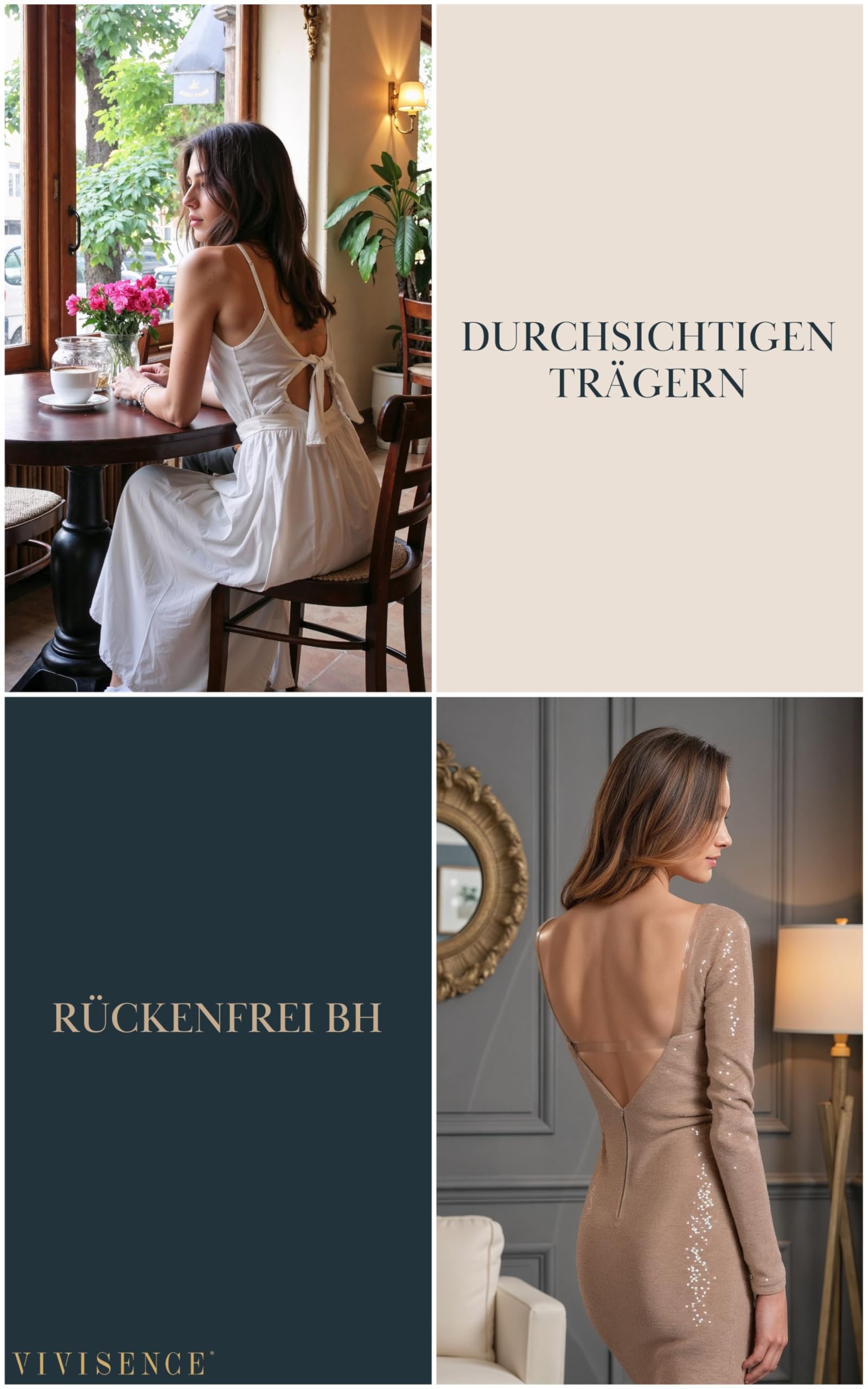 VIVISENCE Damen Push Up BH Rueckenfrei Mit Frontverschluss Gepolsterte Cups Abnehmbare Transparente Traeger Fuer Abendkleider