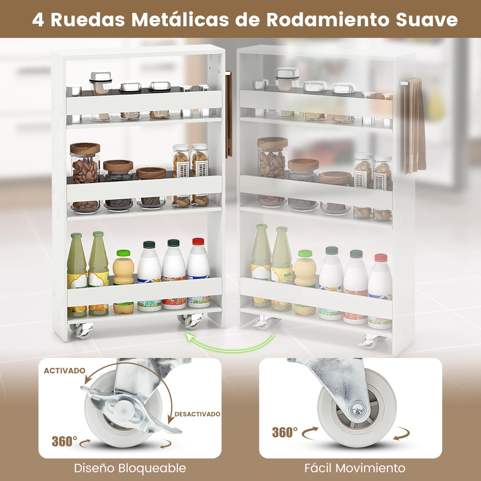 COSTWAY Carro de Almacenamiento Estrecho de 4 Niveles, Carrito Auxiliar con Ruedas, 4 Estantes, Barandillas Anticaídas y Asa, Ahorra Espacio, Carrito para Cocina, Baño, 47,5x13x80,5 cm, Blanco