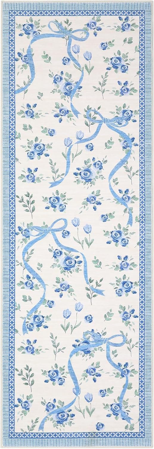 GarveeHome Runners for Hallways Non Slip, 2x6 Kitchen Runner Rug Blue and White Rugs for Bedroom Girls, Low Pile Soft Washable Runner Floral Bow Rug for Nursery Entryway Dorm
