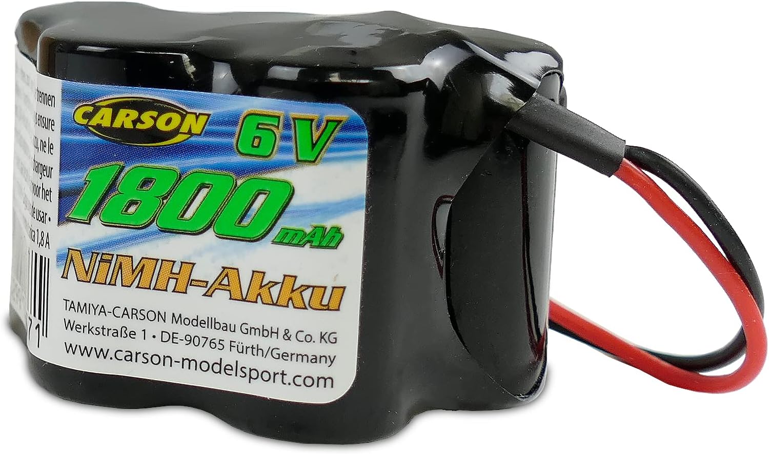 Carson 500608230-6V/1800mAh NiMH Receiver Battery Hump BEC, Rechargeable, with Tamiya Plug, Battery for RC Car, Replacement Battery Remote Controlled Vehicle, , Model Making, Multicoloured