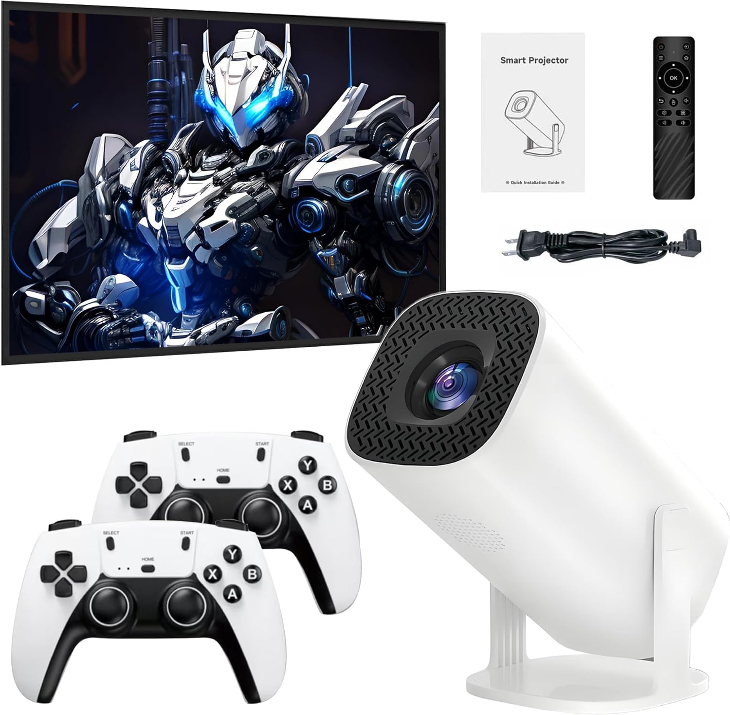 P30Plus 4k Projector Game Console, Video Game Projector with 2 Wireless Controller,Built-in 14 Emulators 36000+ Games,White
