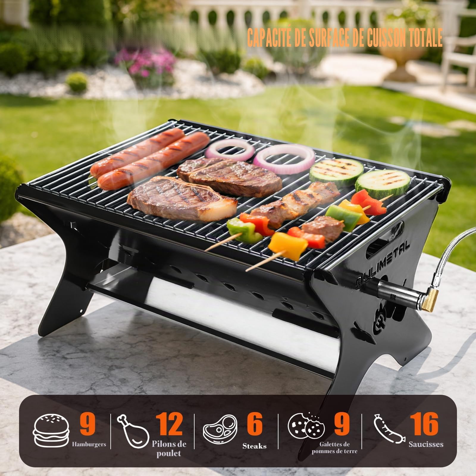 QuliMetal Barbecue de camping portable – Barbecue à charbon/gaz pliable avec sac de transport | Barbecue de randonnée robuste et grille de foyer pour la cuisine en plein air, le camping, le tailgating