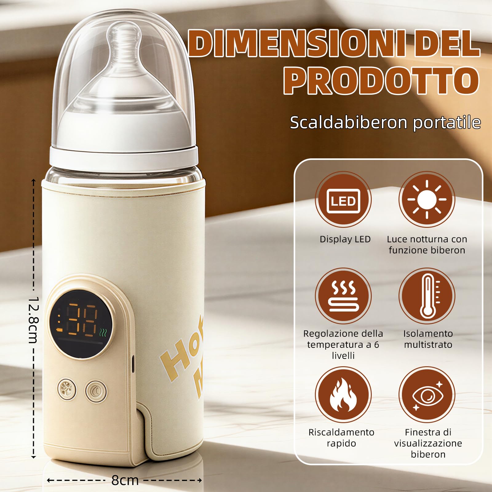 Scaldabiberon portatile con porta USB-C a 6 livelli di regolazione della temperatura (38-50°C), display LCD intelligente, ideale per riscaldare alimenti per neonati e alimenti per bambini. Un must per