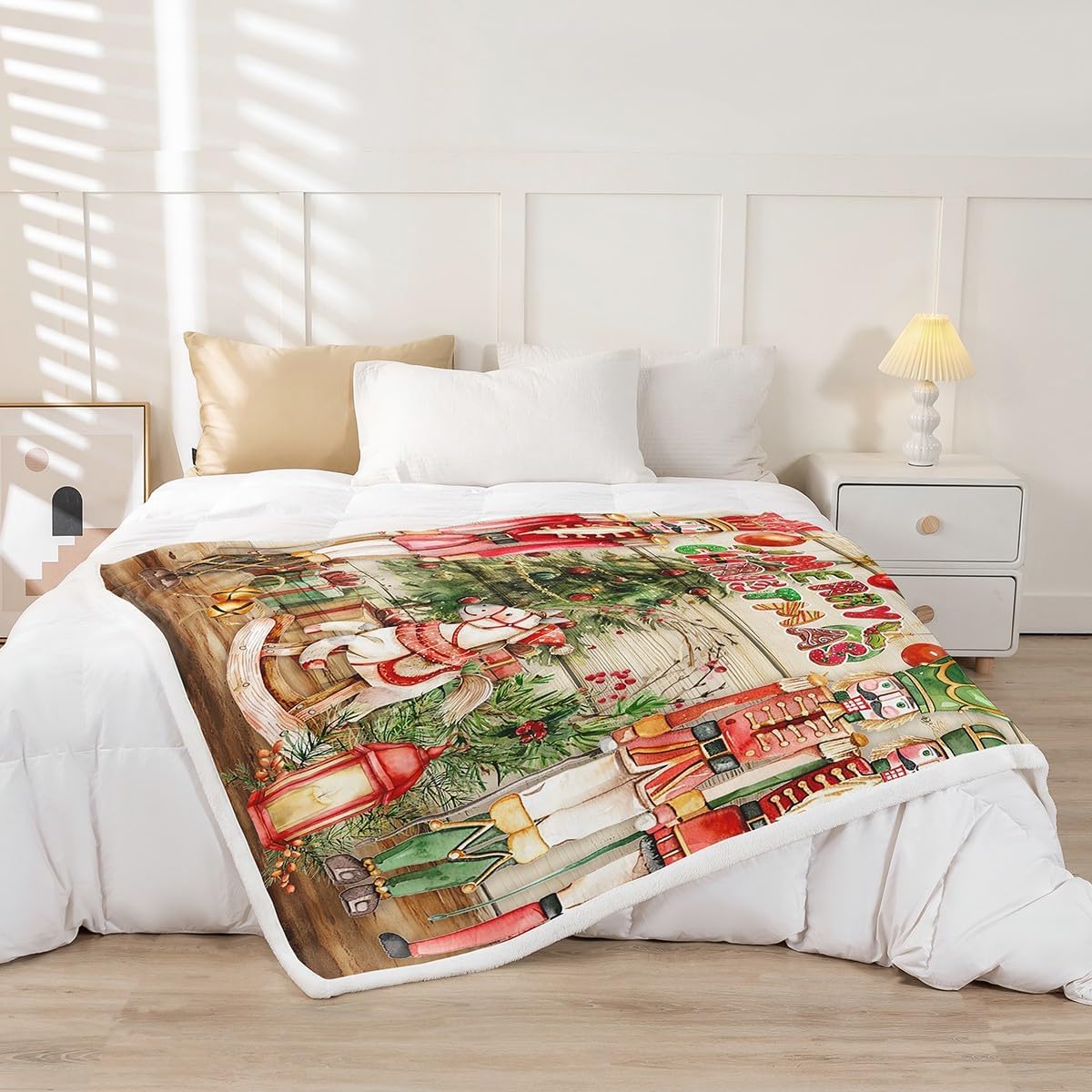 Feelyou Christmas Sherpa Blanket Throw 50"x60" Santa Rider Fleece Throw Blanket for Bed Sofa Couch Snowflake Plush Blanket Horse Fuzzy Blanket Beige Brown