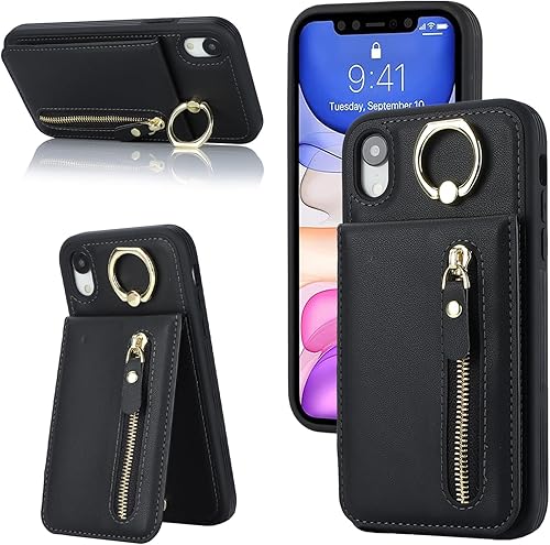 Funda para iPhone XR para mujer, funda para iPhone XR con tarjetero con tarjetero con soporte para tarjeta de crédito con anillo, cierre de
