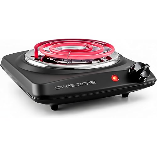 OVENTE Electric Countertop Single Burner, 1000W Cooktop with 6" Stainless Steel Coil Hot Plate, 5 Level Temperature Control, Indicator Light, Compact Cooking Stove and Easy to Clean, Black BGC101B