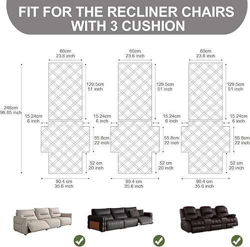 Miniatura 4 de Fundas para sillas reclinables de 3 plazas, funda 100% impermeable, antideslizante, funda para silla reclinable, funda de sofá lavable con correas