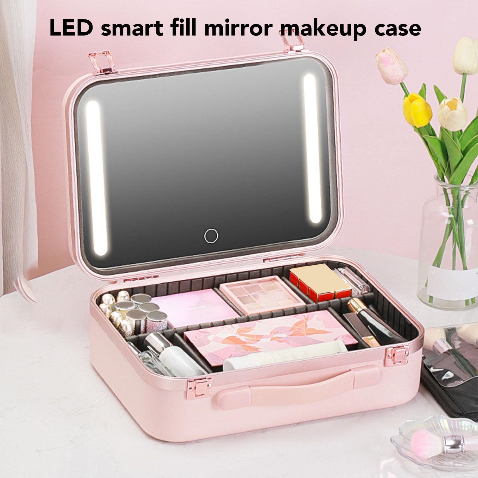 Reise Make-Up Tasche Mit LED-Spiegel, 3 Farbe Und Stepless Dimmbarer Wieder Aufladbarer Kosmetischer Zug Koffer Mit Teiler Und Make-Up Pinsel Halter Tragbarer Kosmetischer Organize