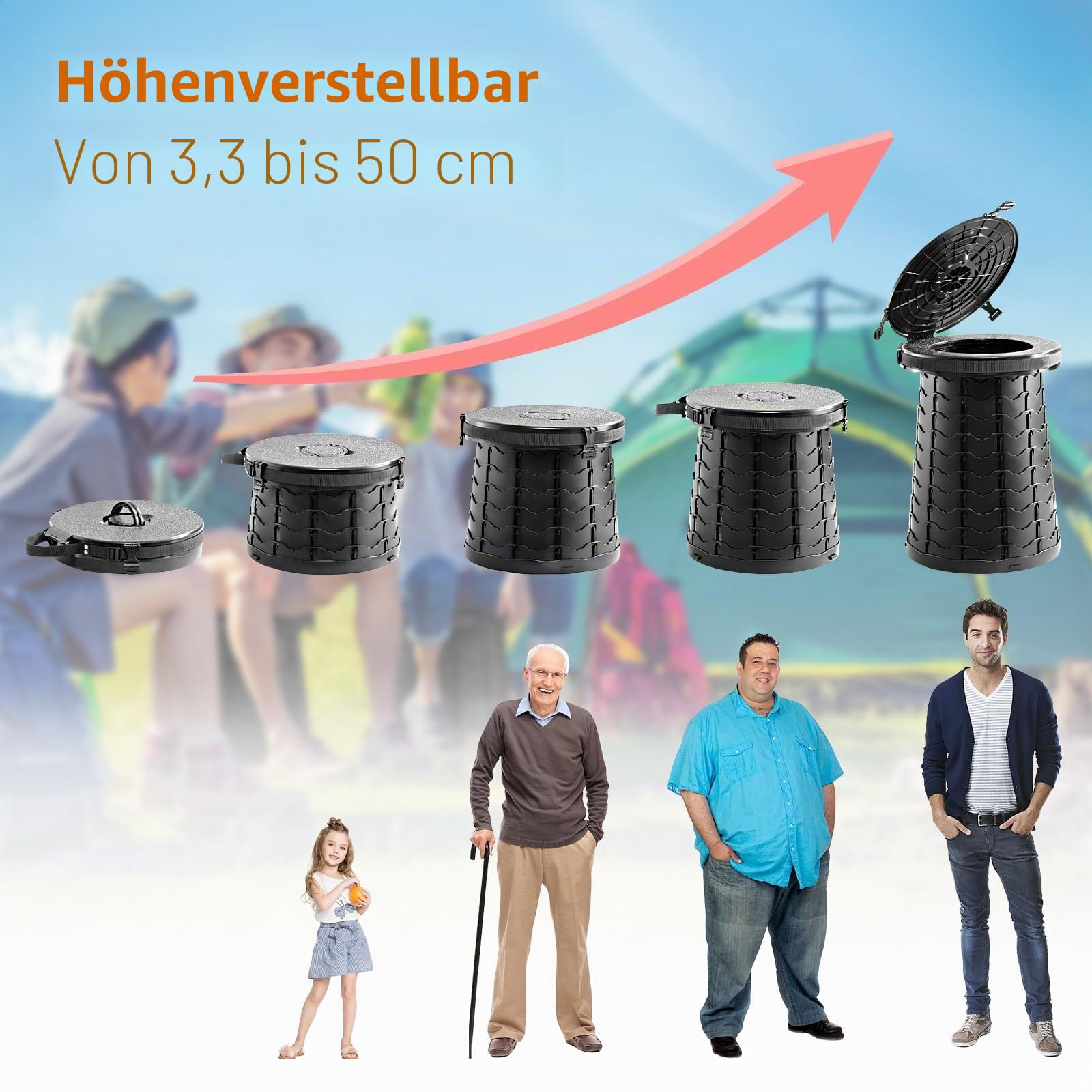XXL Tragbare Toilette für Camping, 50 cm Höhe, tragbare Campingtoilette für Erwachsene, Upgrade Reisetöpfchen im Auto, Gepäck-Klo im Freien