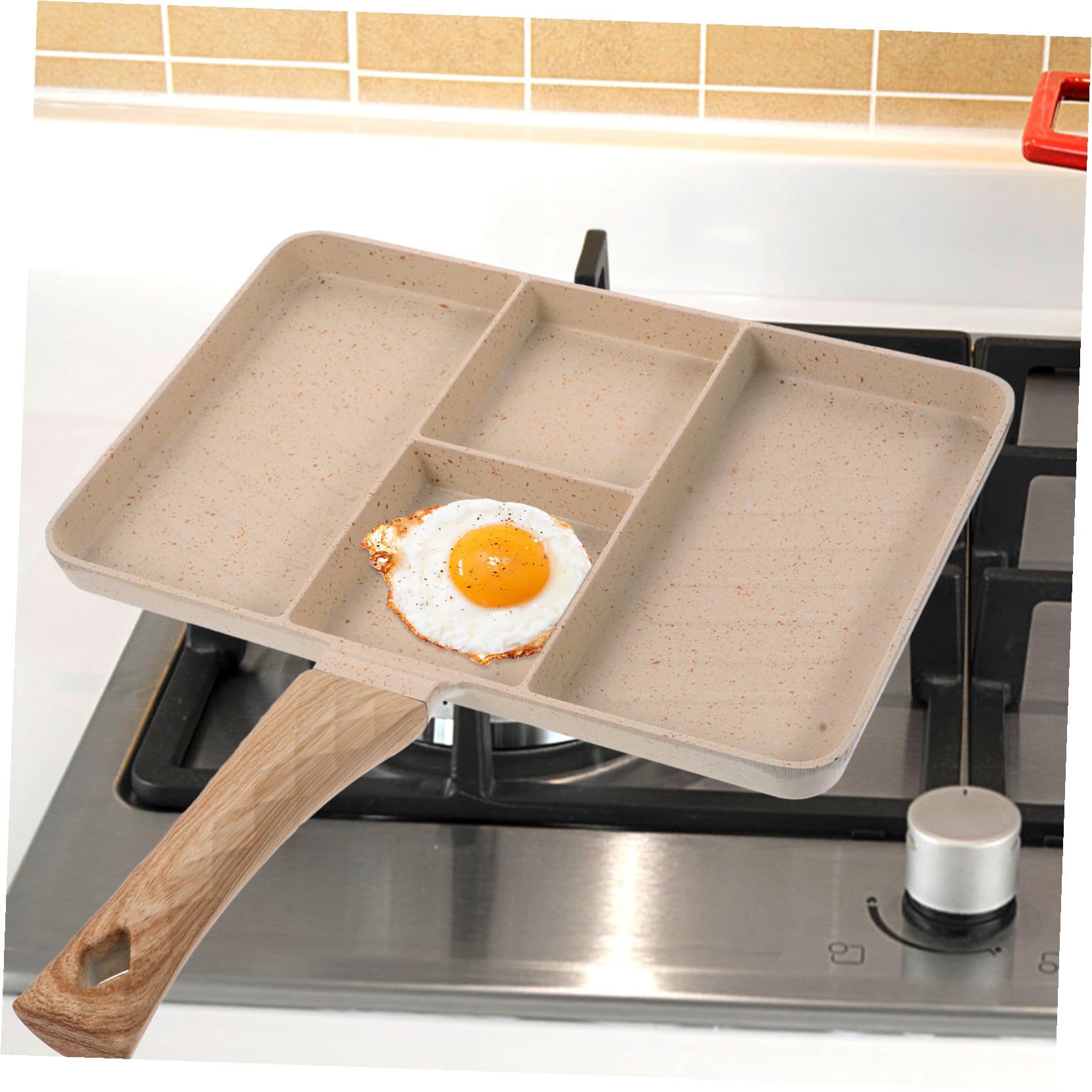 Padella per Uova al Tegamino Beige in Lega di Alluminio Manico | Fondo Scanalature Multiple, Impugnatura in Legno Anti-scottatura, Facile da Pulire
