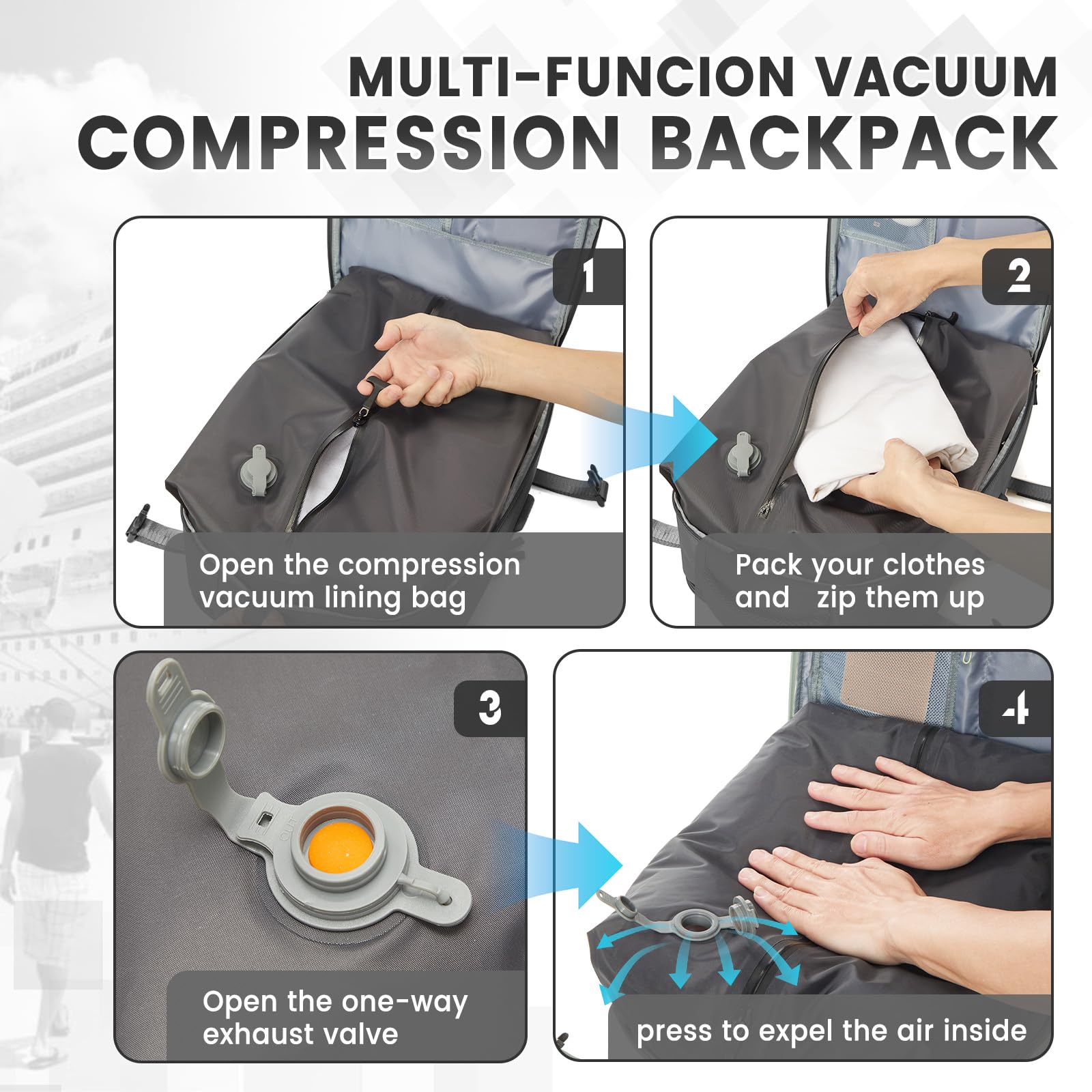 BJLFS Zaino da viaggio aereo Bagaglio a mano con Pompa per Sottovuoto Borse da Cabina per Ryanair 40x20x25 Airback con compressione sottovuoto,Zaino Casual per laptop da 14 pollici per Viaggi
