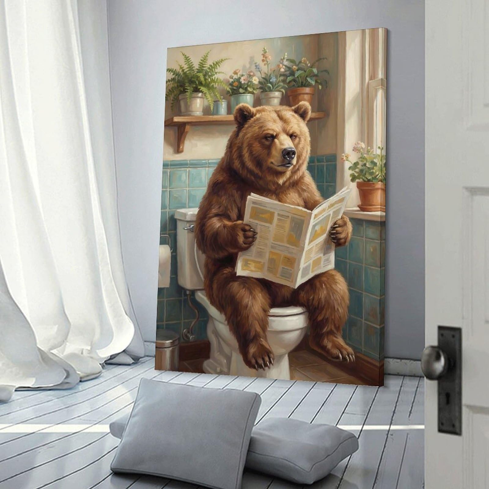 Junmoney Frame-Style-21 Bear Reading Newspaper On Toilet Canvas Wall Decor, 08X12inch(20X30cm), For Wall Displays, Bedrooms Or Room Updates, Wall Decor Suited To Curated Displays