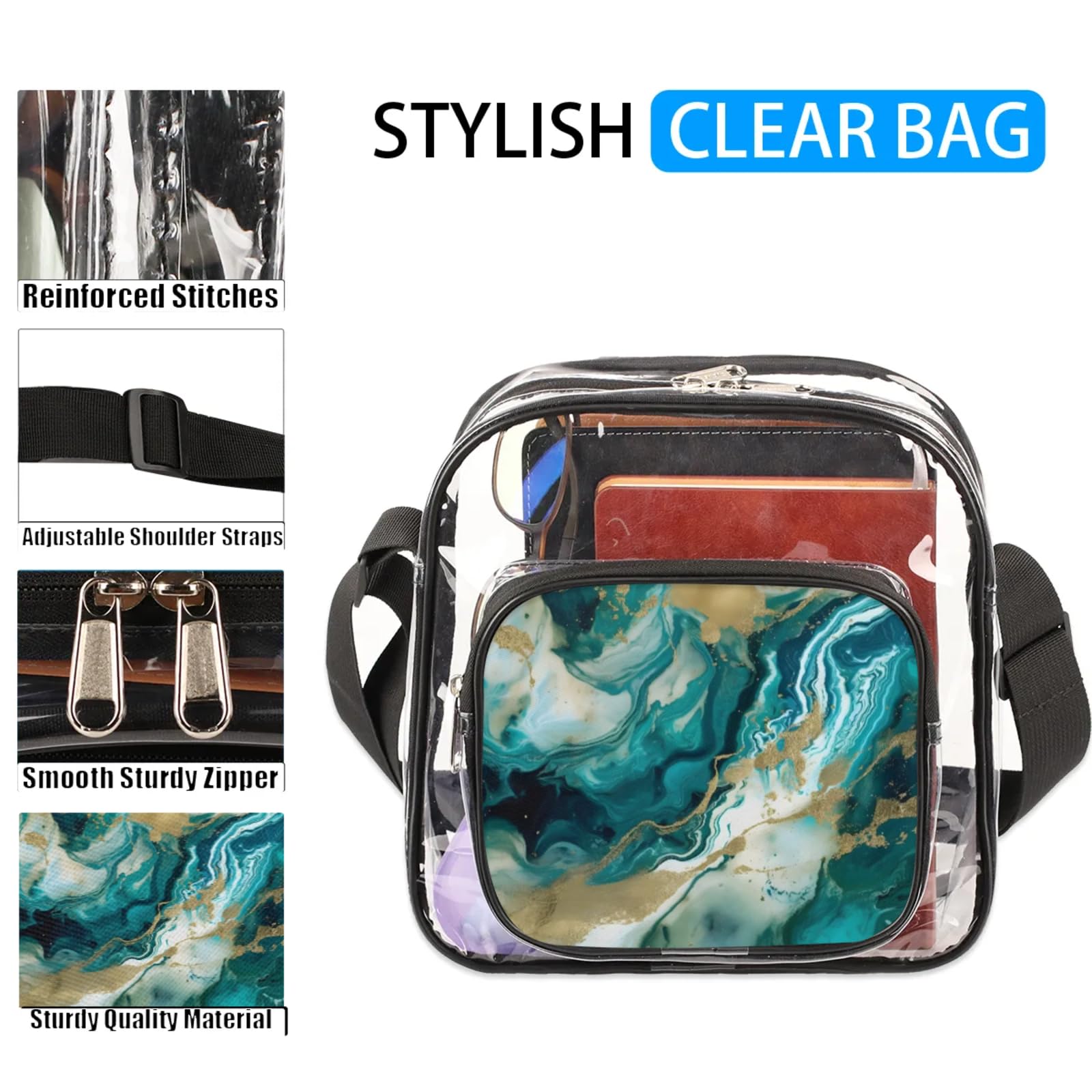 Clear Crossbody Bag Stadium Approved Liquid Transparent Bag for Festivals, Sports Events, Concerts,Beach Bag for Women Men Marble Ink Clear Purse with Front Pocket Messenger Bag with Adjustable Strap