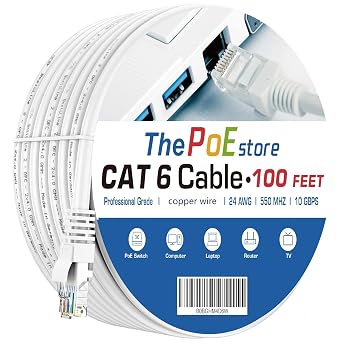 Cat 6 Ethernet Cable 100 ft, 24AWG 4-Pair Copper Wire 550MHz 10 Gbps, Indoor/Outdoor, Snagless Patch Cord White, High-Speed Cat6 LAN Cable for PC, Router, Modem, TV, PS4/5, Server