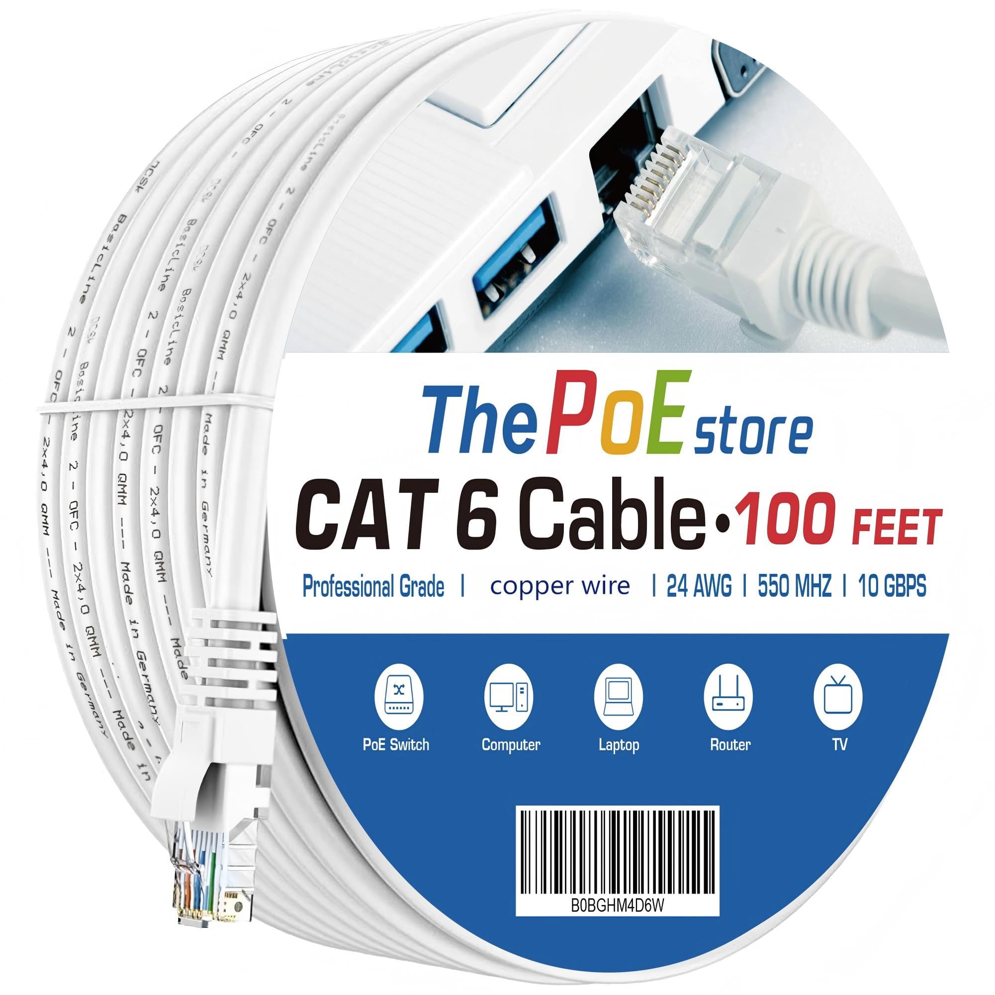 Cat 6 Ethernet Cable 100 ft, 24AWG 4-Pair Copper Wire 550MHz 10 Gbps, Indoor/Outdoor, Snagless Patch Cord White, High-Speed Cat6 LAN Cable for PC, Router, Modem, TV, PS4/5, Server