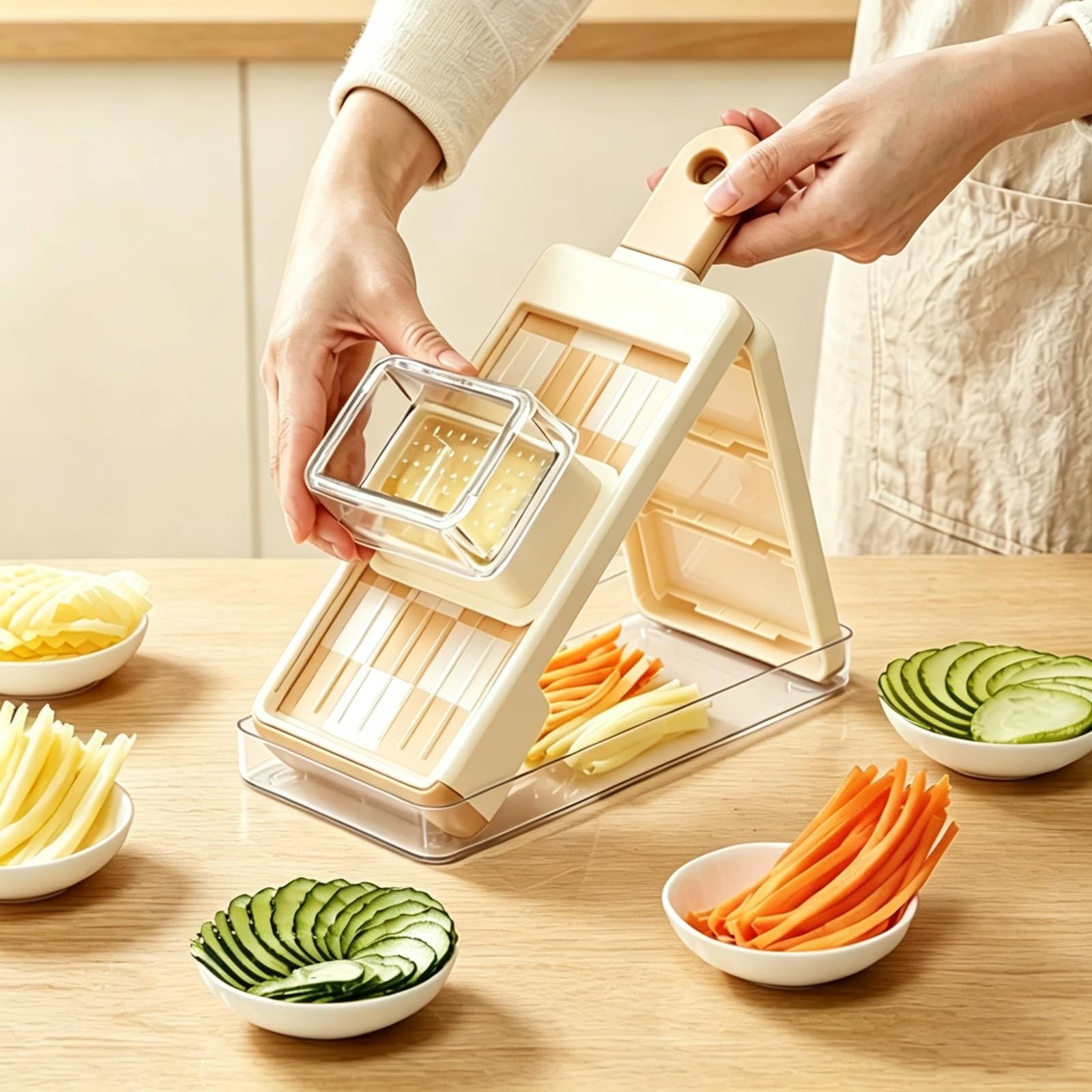 Mandolina de Cocina Profesional Cortador de Verdura, Mandolina Verduras, con 4 Cuchillas Intercambiables, Protector Manos Seguro, Base Antideslizante y Bandeja Recolectora