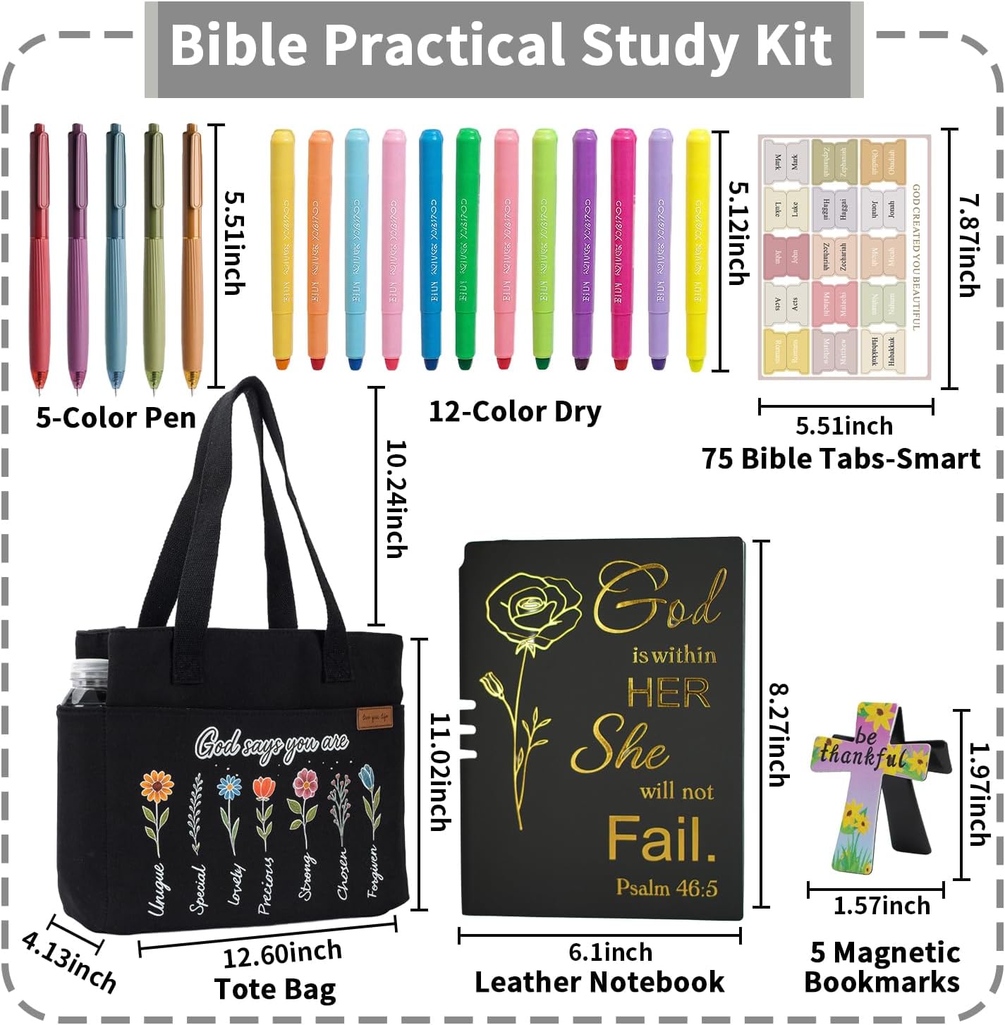 25 PCS Bible Study Supplies Kit, Large Capacity Canvas Tote Bag for Women Organizer, Bible Highlighters and Quick Dry Pens No Bleed Through, Notebook Bible Tabs Cross Bookmark Journaling Accessories