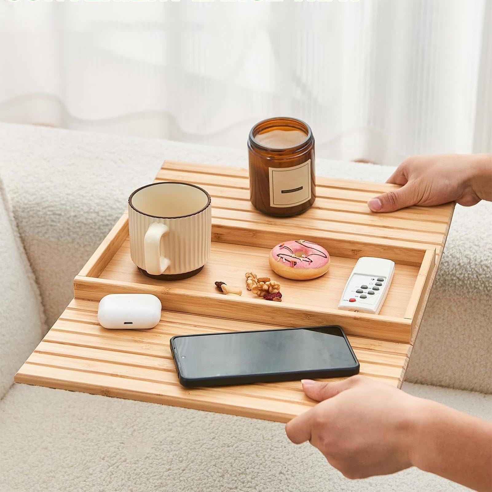 Reposabrazos plegable de madera con cojín antideslizante, bandeja para sofá, para bebidas remotas, aperitivos y teléfono, ideal para la sala de apartamento