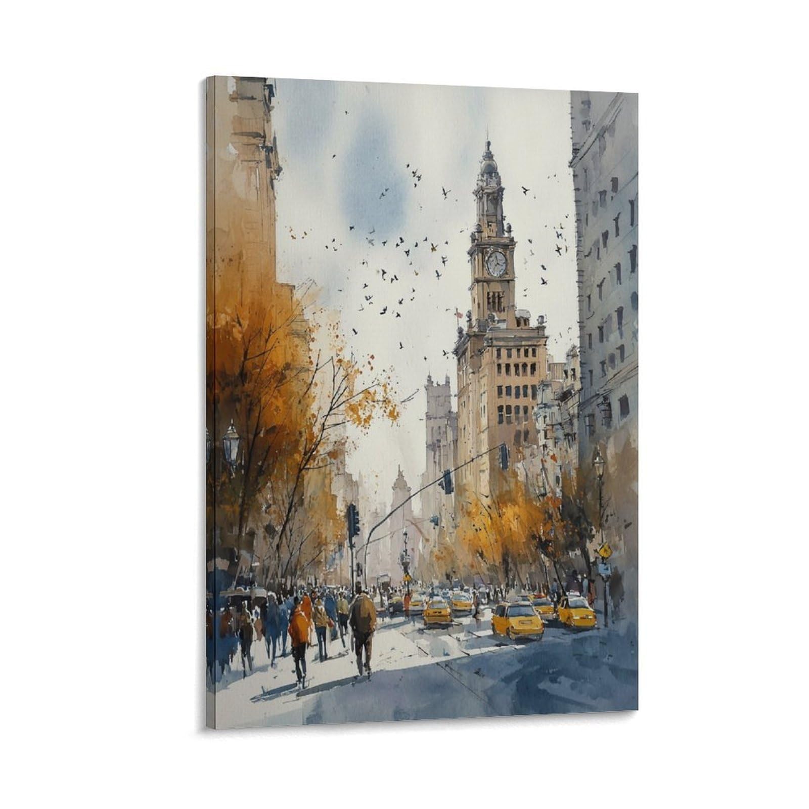 XWYMXZ New York Watercolor Retro Manhattan 20x30inch(50x75cm) Vintage Travel Poster Watercolor Canvas Art