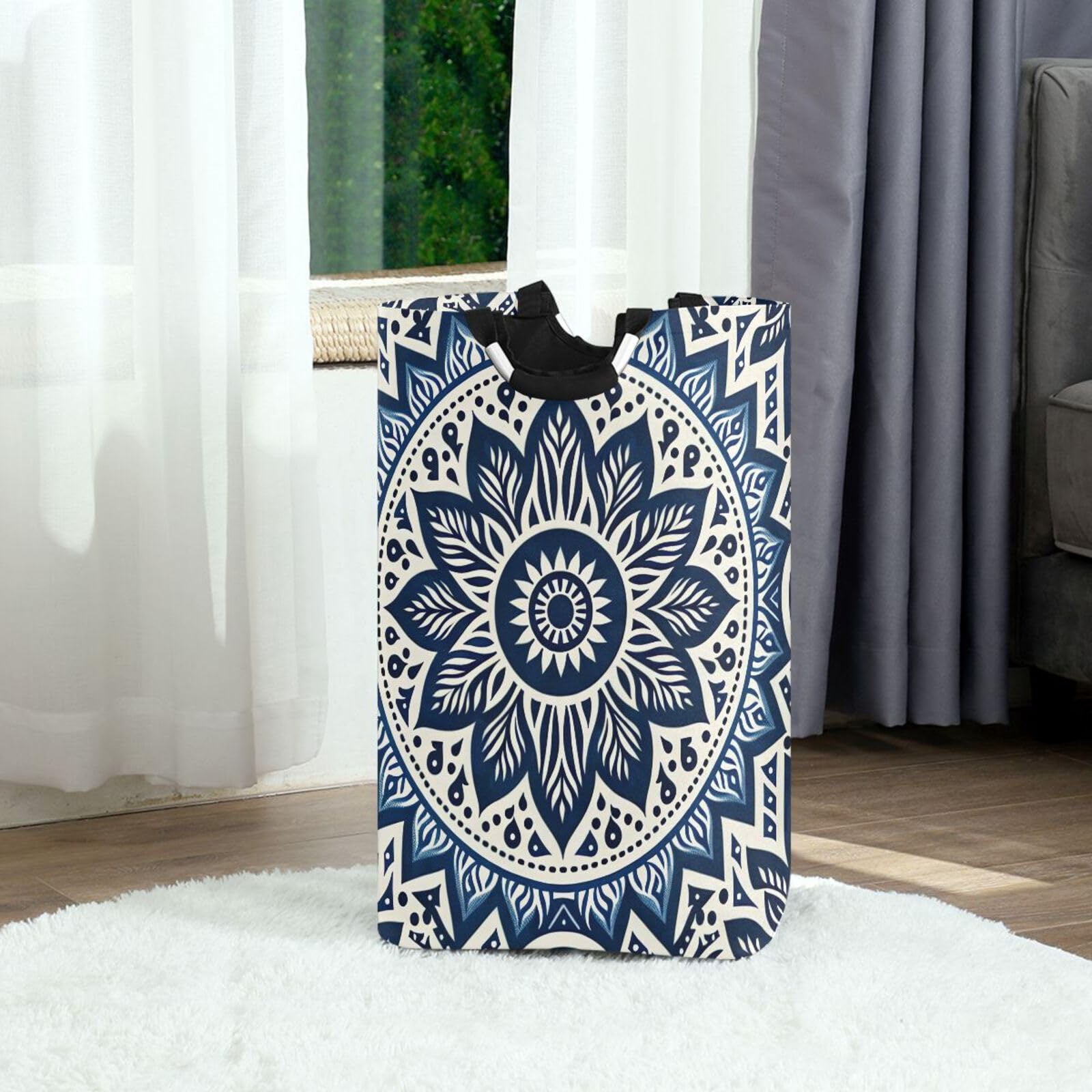 Jihqo Laundry Hamper Basket Blue Flower Mandala Collapsible Nursery Storage Bin Waterproof Clothing Baskets for Home Bedroom Bathroom Washing Room