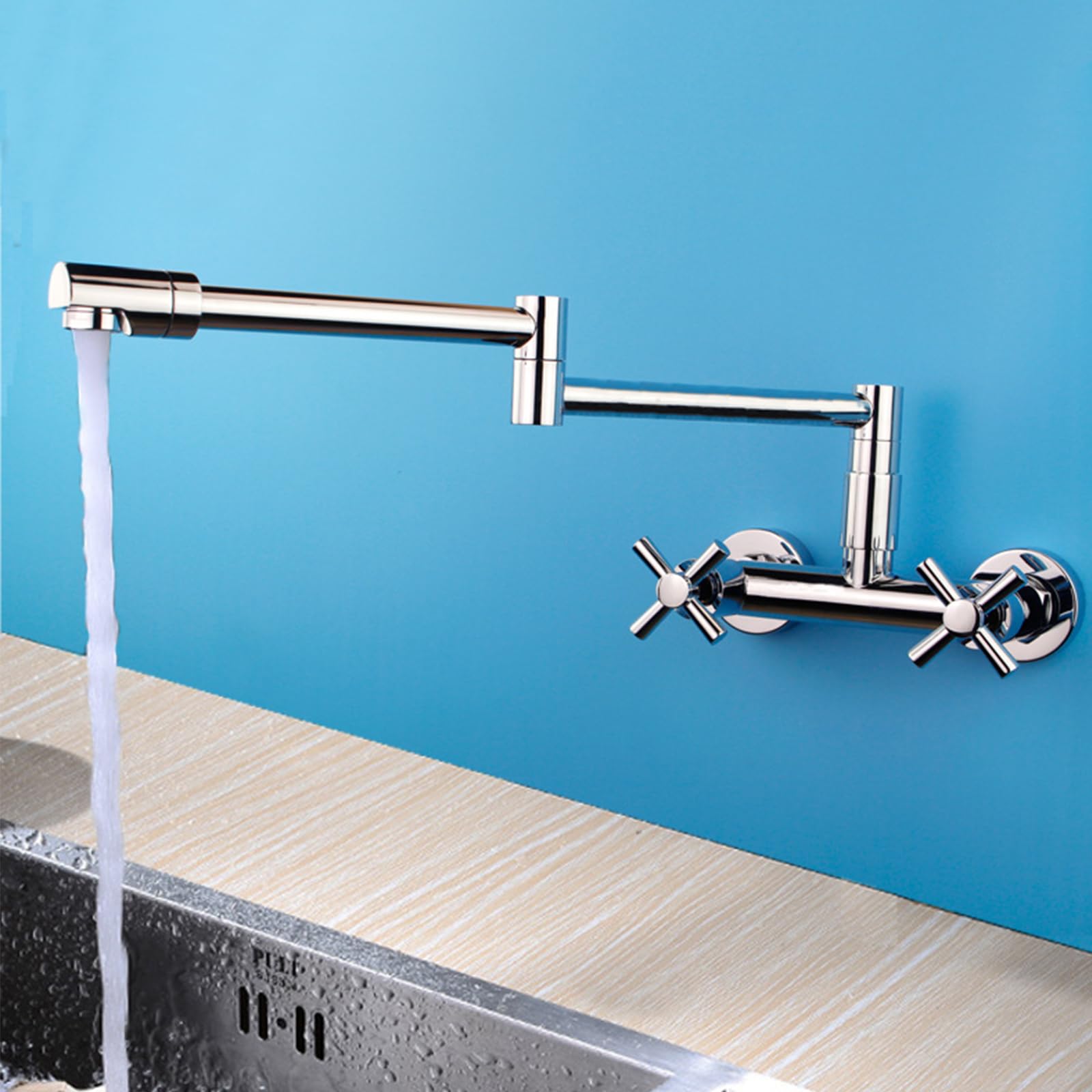 Grifo de llenado de ollas, grifo de cocina de latón de montaje en pared, brazo oscilante de doble junta, grifo de agua fría y caliente de dos manijas de un solo orificio, cromado
