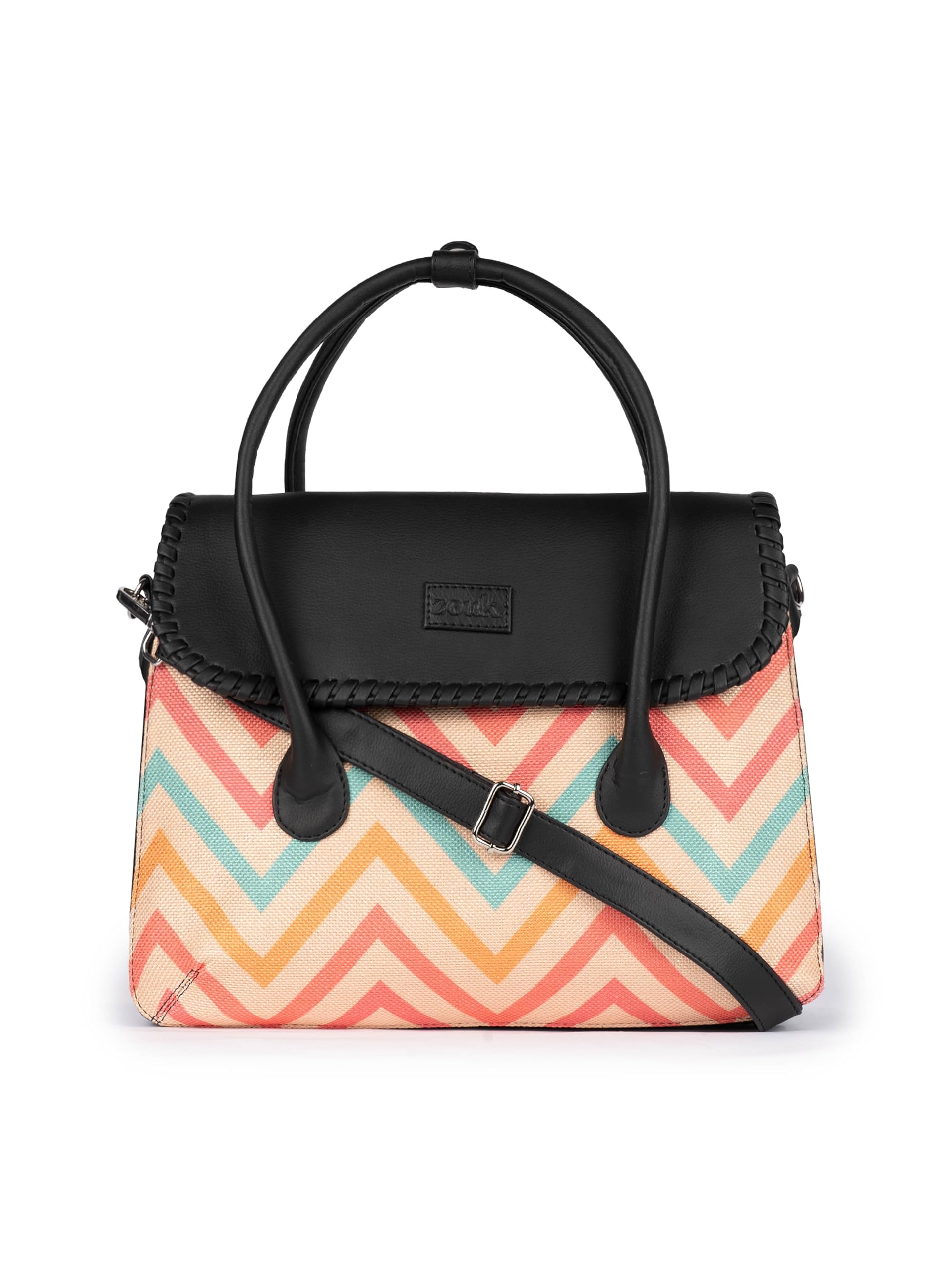 ZOUK Printed Jute Handcrafted Vegan Leather Multicolor Women's Satchel Bag | Ladies Purse Handbag | Double Handle Detachable Strap
