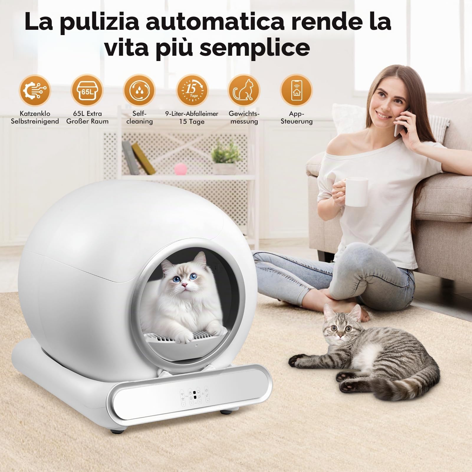 Lettiera gatto autopulente, Lettiera Automatica per Gatti, controllo app, deodorizzazione ionica, contenitore per rifiuti da 9 litri, autopulente, Antiodore, Controllo APP, per Più Gatti