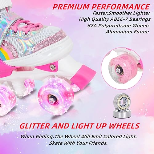 Miniatura 2 de Nattork Girls Roller Skates for Kids Toddler, 4 Sizes Adjustable Rainbow Quad Skates with Light up Wheels,Best Gift for Kids Beginners