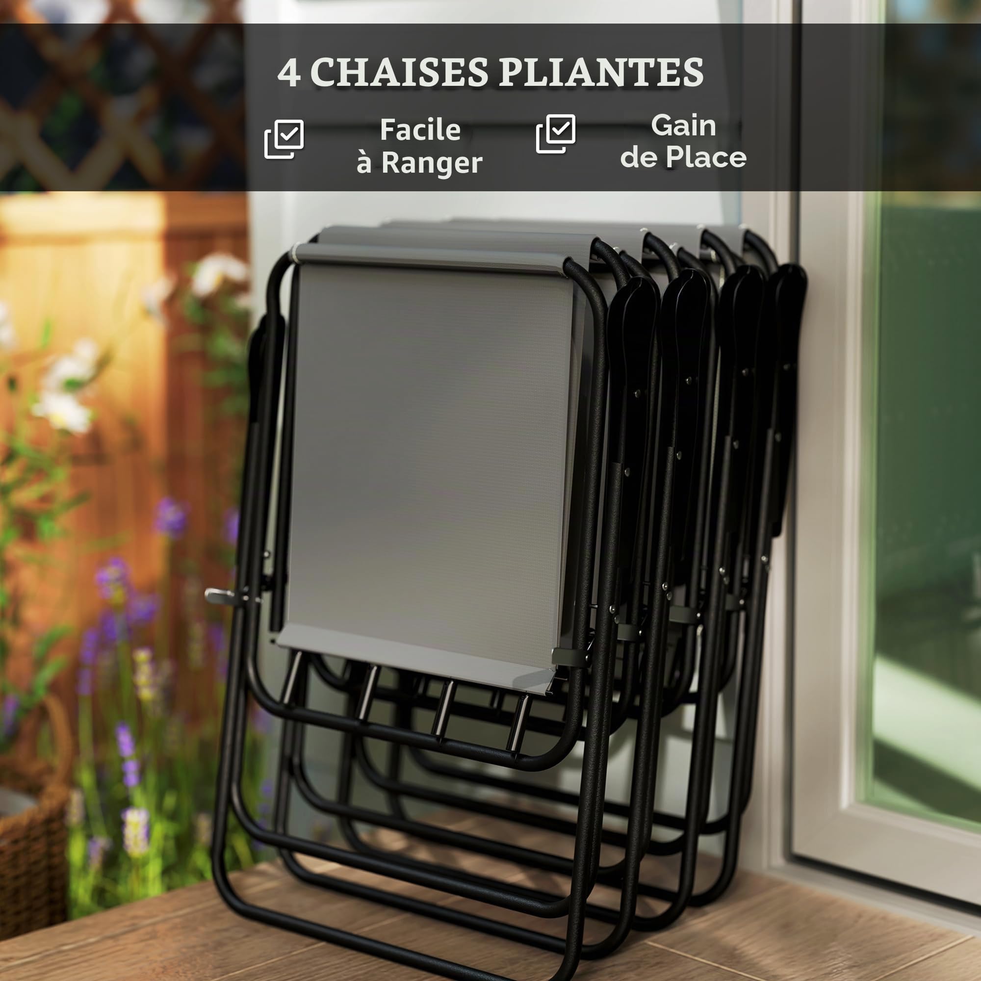 Outsunny Ensemble de Jardin de 6 Pièces avec Table et 4 Chaises Pliables en Textilene - Mobilier de Jardin Extérieur avec Table en Verre et Parasol pour Terrasse et Patio - Gris