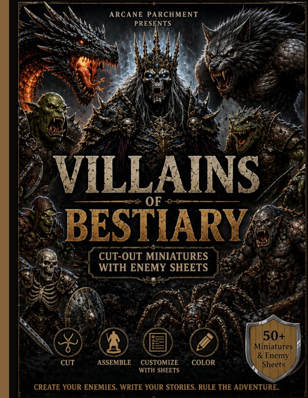 Villains of Bestiary : cut-out paper miniatures with enemy sheets for fantasy RPG: 50+ Printable Fantasy creatures , Orc , Dragons , undead & beasts / tabletop RPG game master tools