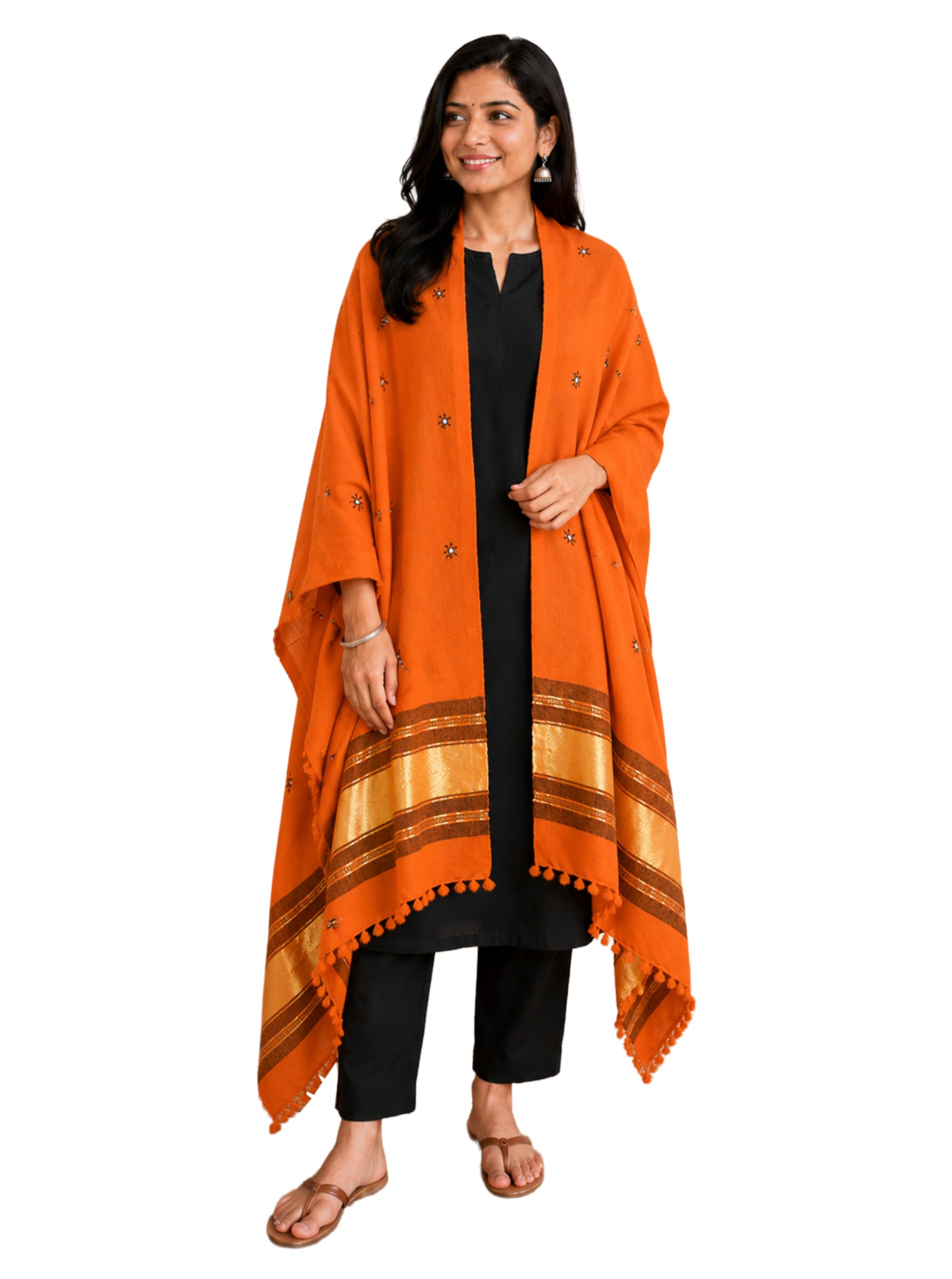 Women Mirror Work Wool Lagdi Patto with Tassels Shawl - 2.1 Mtr Length (Orange 05601D)-image-47