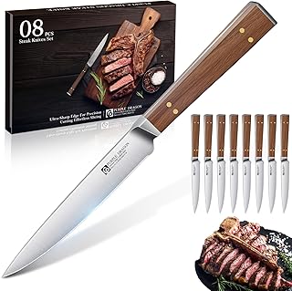 Purple Dragon Steak Knives Set of 8-4.7 Inch Non Serrated Dinner Knife with Square Wooden Handle – Elegant, Balanced, High Carbon German Steel - Christmas Gift for Men and Women