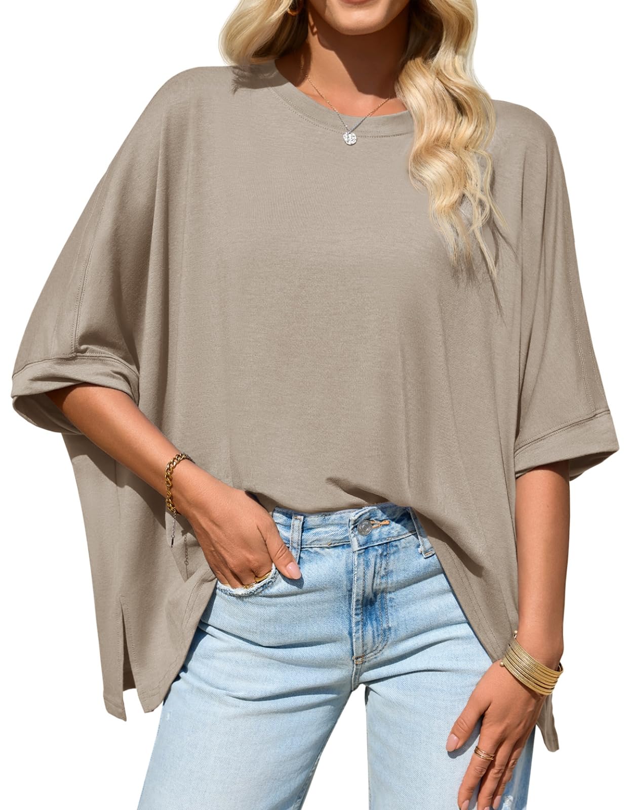 Tankaneo Womens Oversized Tshirts Batwing Short Sleeve Asymmetric Hem Tops