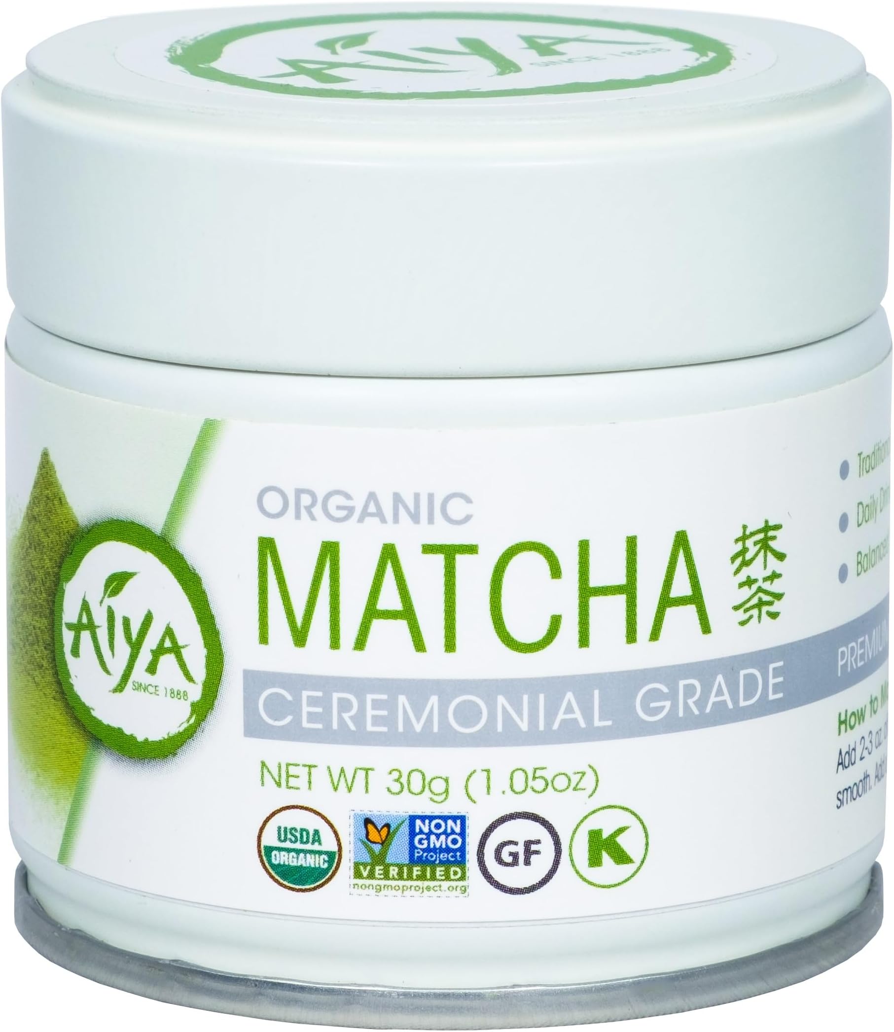 Aiya Organic Ceremonial Grade Matcha Powder - Premium Matcha Ceremonial Grade, Vibrant Jade Green Color, Mild Natural Sweetness, Japanese Tea Ceremonies - 30g Tin