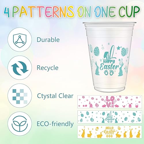 Miniatura 4 de 120 tazas de Pascua desechables de plástico transparente con conejo y huevos de Pascua para suministros de fiesta de Pascua 16 onzas
