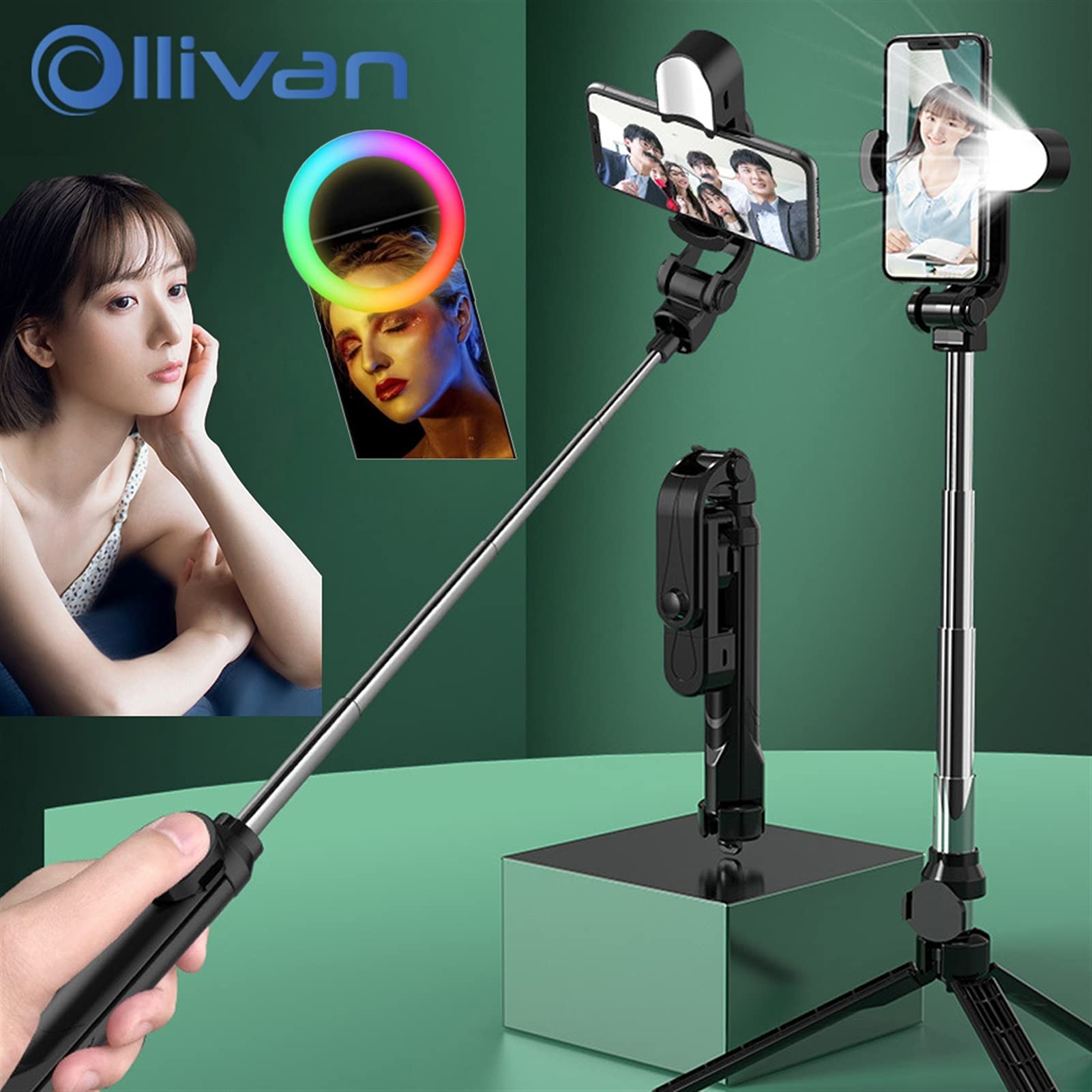 SCRUBY Bastone per selfie 2021 senza fili Bluetooth Selfie Stick treppiede pieghevole monopiede con luce di riempimento telecomando per iOS Android (nero con luce)