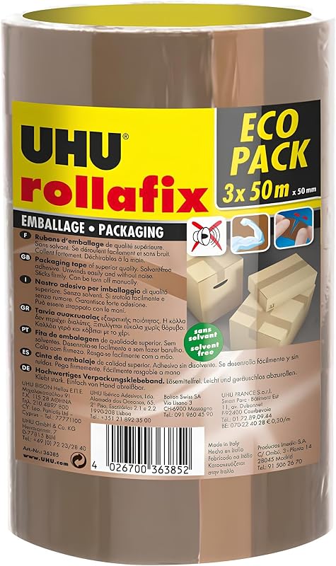 UHU Rollafix - Ruban Adhésif Marron - Emballage, Packaging - Adhérence Elevée - Sans Solvants - Se Déchire à la Main - Lot de 3 Rubans de 50 m x 50 mm