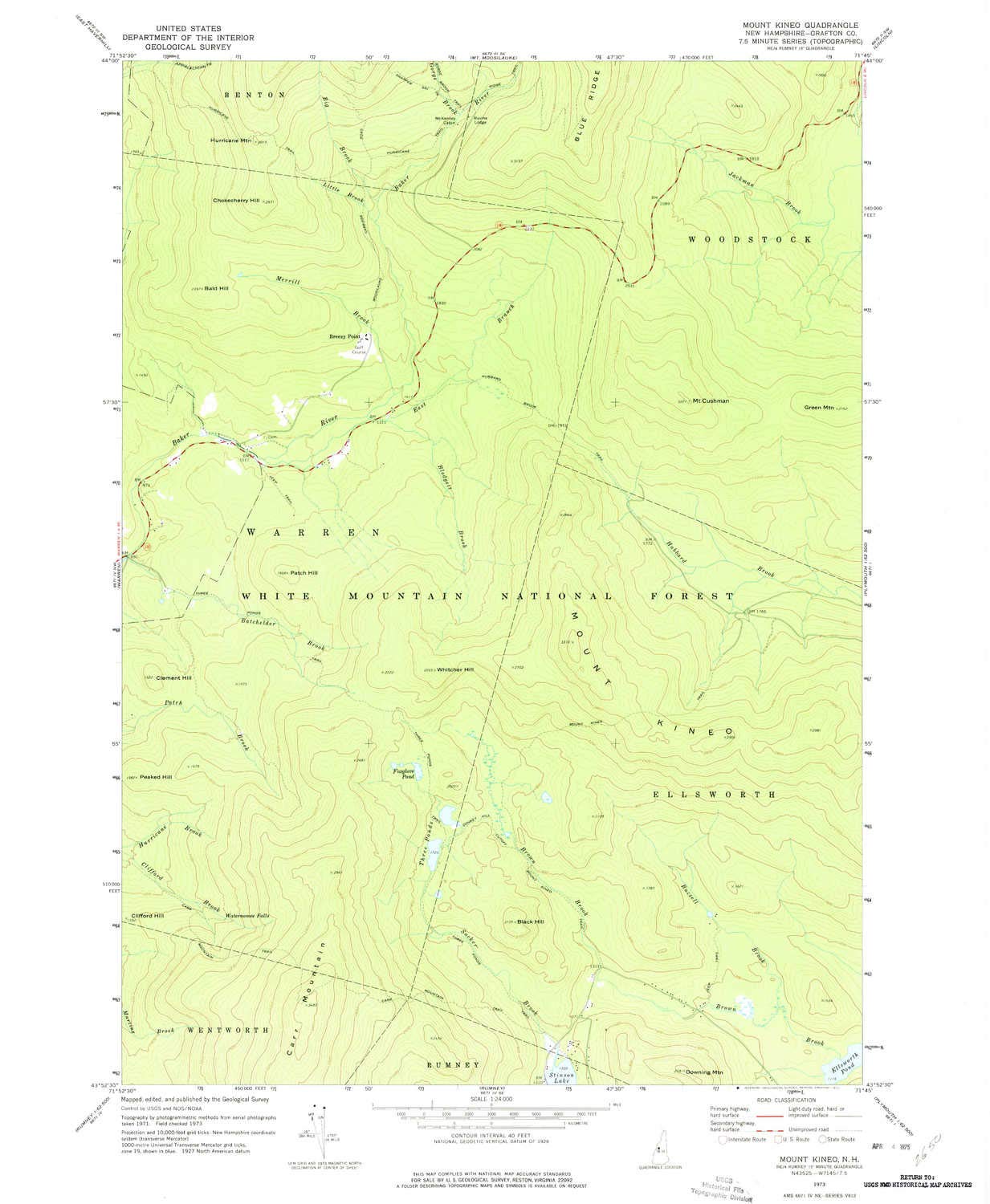 YellowMaps Mount Kineo NH topo map, 1:24000 Scale, 7.5 X 7.5 Minute, Historical, 1973, Updated 1975, 26.8 x 22 in - Tyvek