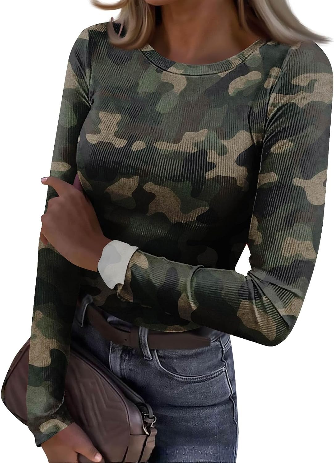 Women's Long Sleeve Tops, Rib Knit Slim Fit Basic Tee Shirts Spring Casual Crewneck T-Shirt, S-2XL