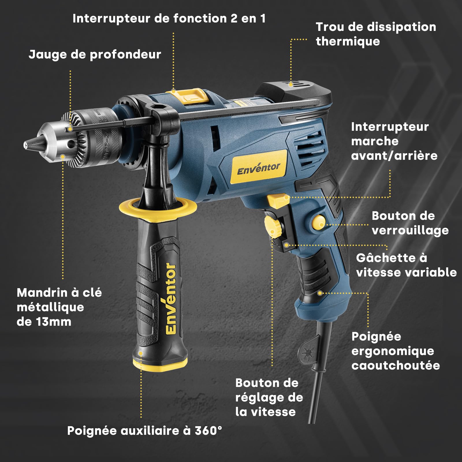 Enventor Perceuse à Percussion Filaire 750W, Perceuse électrique avec 9 Forets, Fonction 2 en 1, variateur de vitesse électronique, poignée pivotante à 360°, pour Béton, Métal et Bois