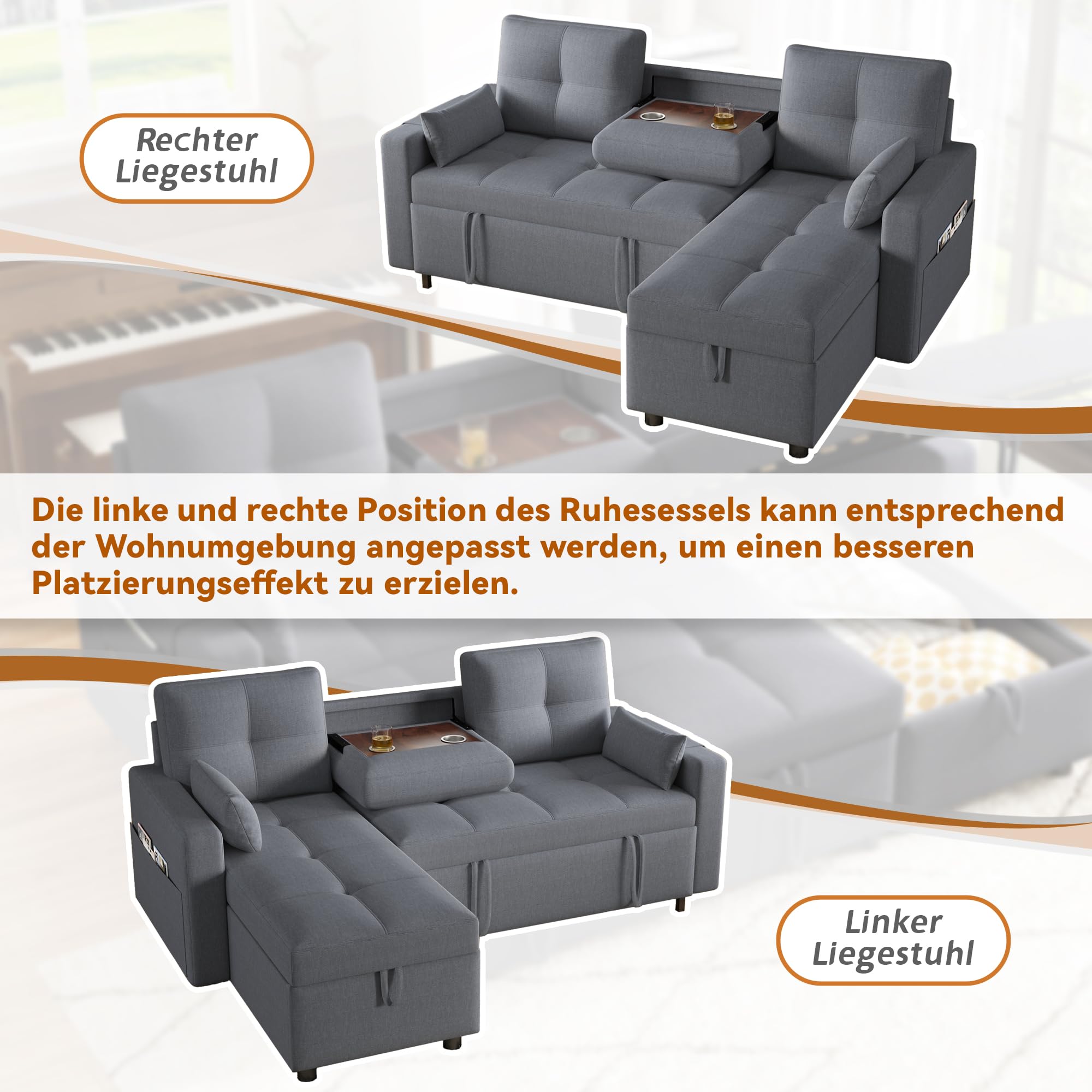 Divano Letto Estraibile con funzione letto, Divano Letto Modulare con Spazio Contenitore e Portabicchieri, Chaise Longue, Mobili imbottiti divano Angolare 3 Posti Forma di L,Grigio